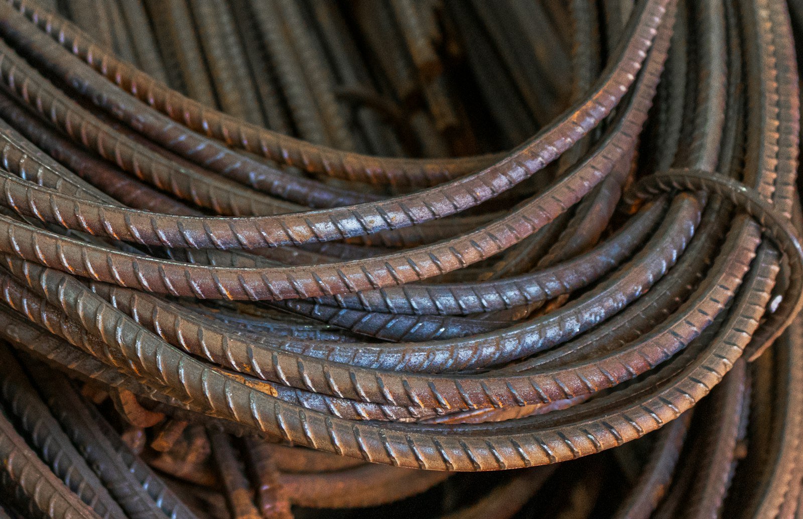 Close-up of bundled steel reinforcement bars used in concrete construction